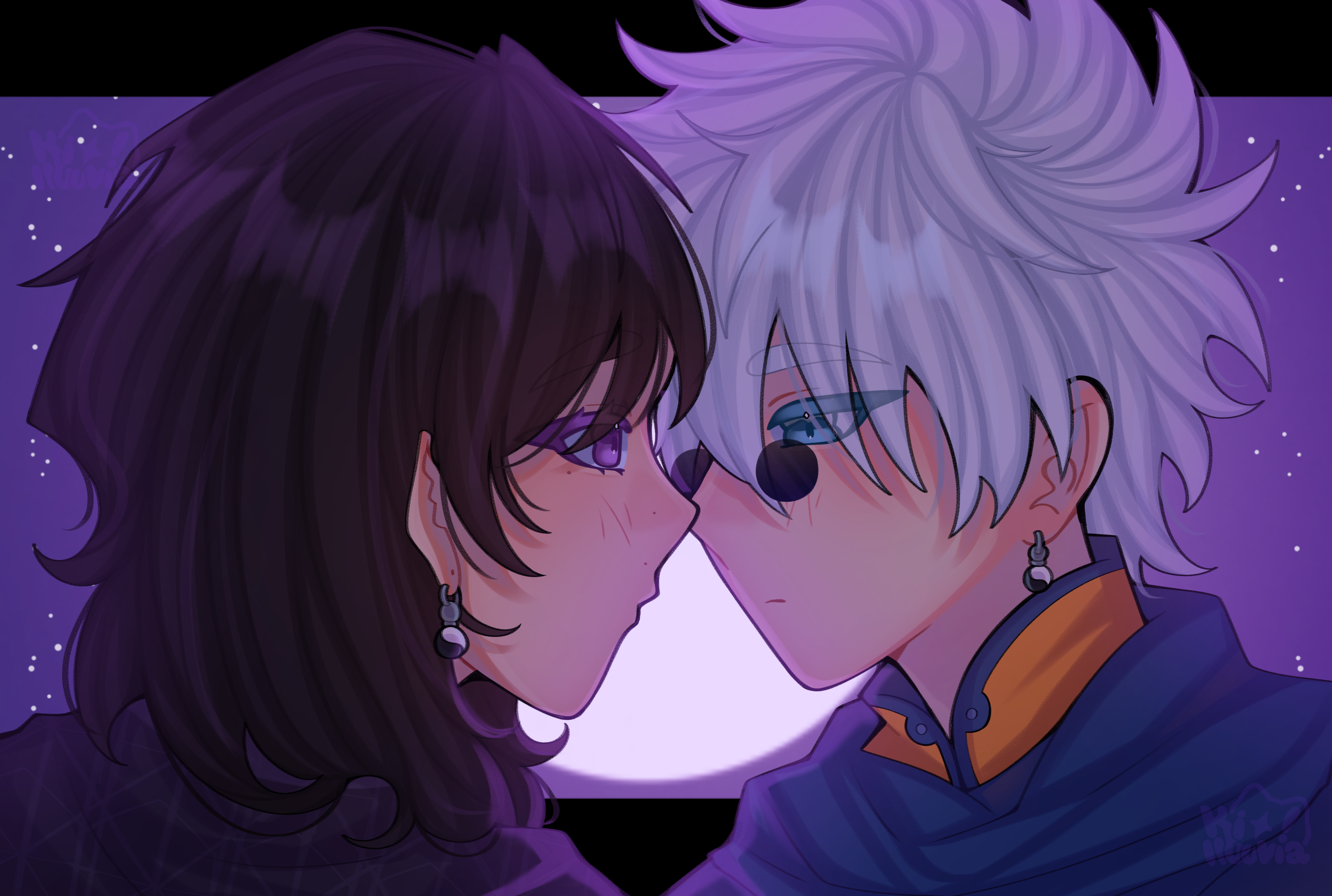 artwork of Yukie and Enishi in a near kiss, with a purple sky and moon behind them